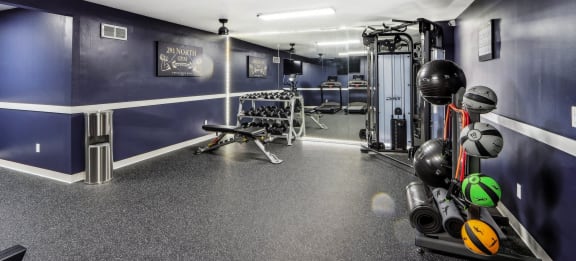 a gym with weights on the floor and a blue wall
