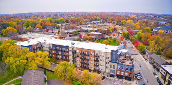 an aerial view of a city in the fall