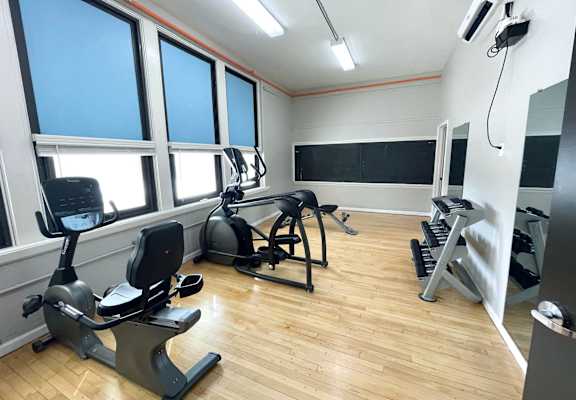 A gym with a row of exercise bikes and a row of treadmills.