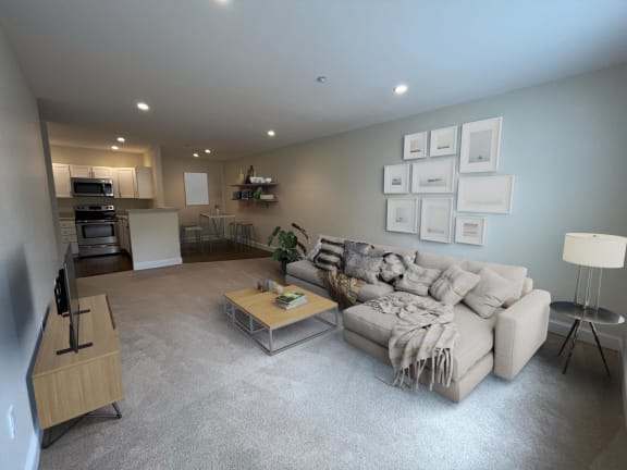 a living room with a couch and a coffee table