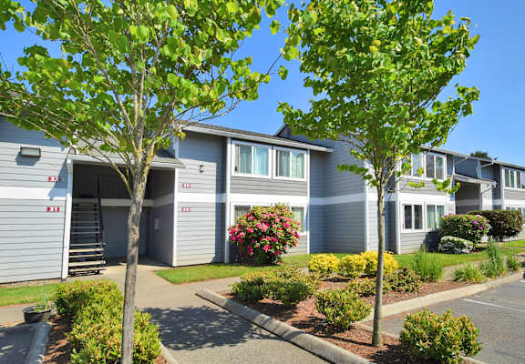 a gray building with white trim and a tree in front of it