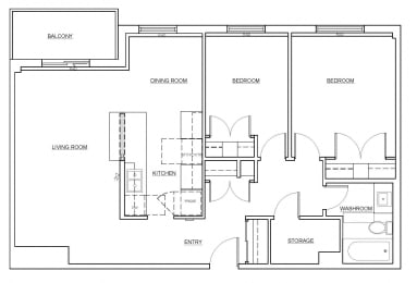 Two bedroom, one bathroom apartment layout at Lyndon Place in Niagara Falls, ON