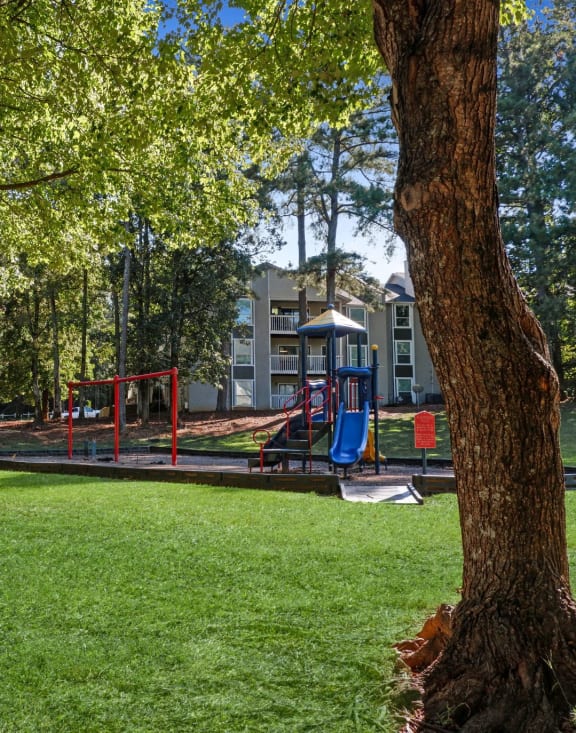 a park with a playground and buildings in the background