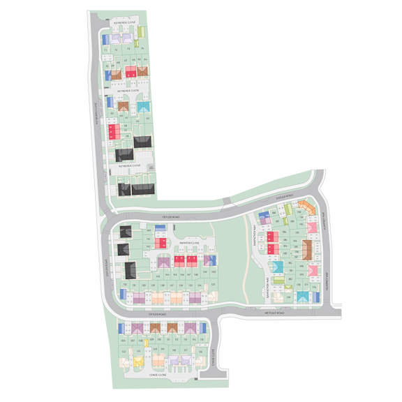 A map of a residential area with streets and buildings.