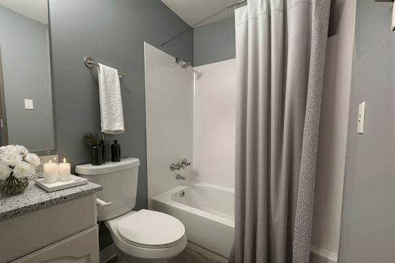A white toilet sits next to a bathtub in a bathroom.