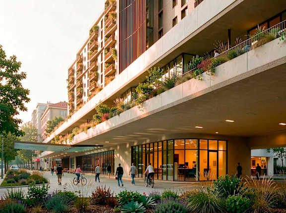 A modern building with balconies and plants on the ground floor.