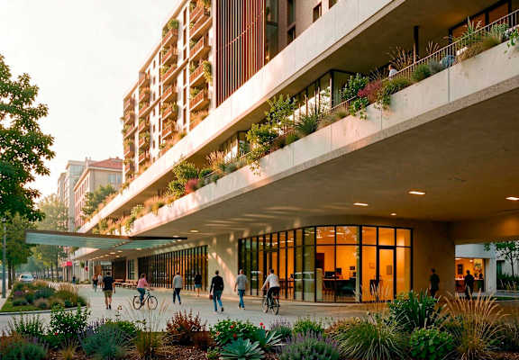 A modern building with balconies and plants on the ground floor.