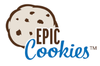 A chocolate chip cookie with the words "Epic Cookies" written on it.