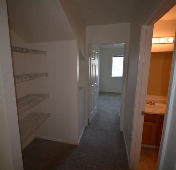 Image of hallway with shelving and door opening to bathroom