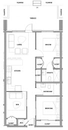 Two bedroom, two bathroom apartment layout at Lynn Creek Apartments in North Vancouver, BC