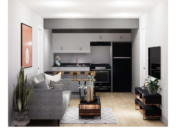 a black and white living room with a kitchen in the background