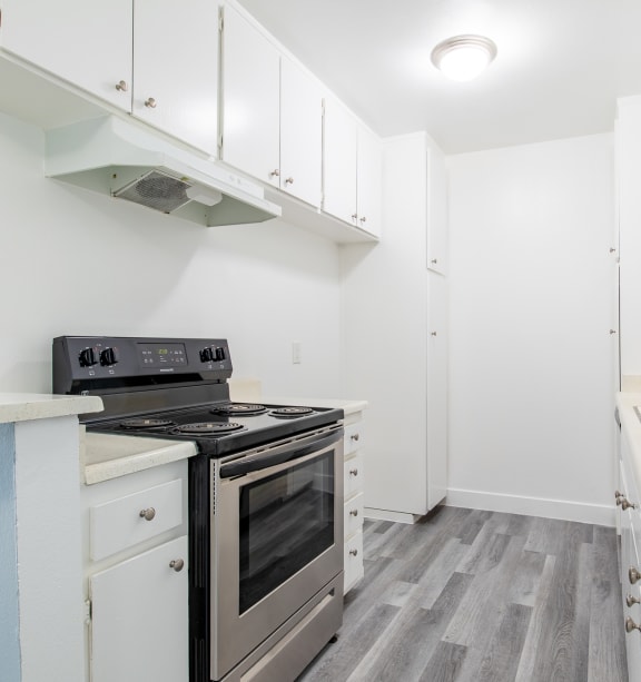 a white kitchen with stainless steel appliances and white cabinets
