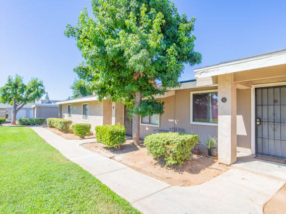 a house with a tree and a sidewalk in front of it