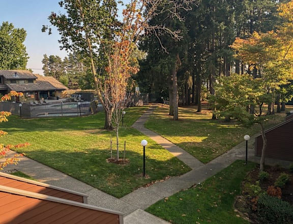 a walkway through a park with trees and buildings in the background
