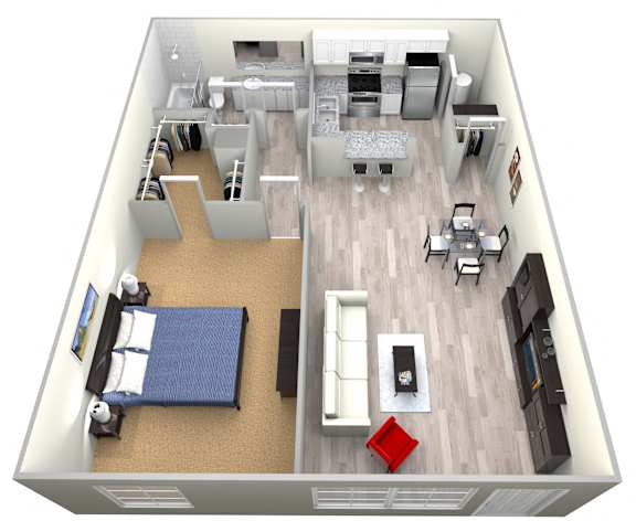 Floor Plan  3D furnished rendering of the A2 Palm 720-square-foot one-bedroom, one-bath apartment at Madison at Roosevelt Apartments.