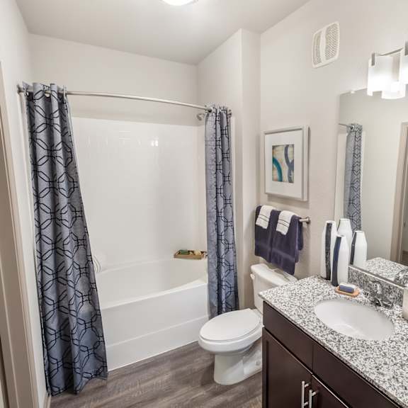 A bathroom with a white toilet, a sink, a mirror, and a shower.