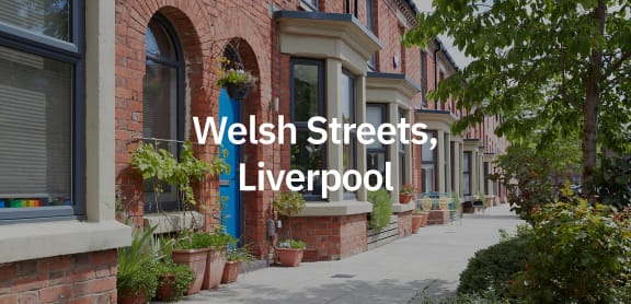 a row of brick buildings on a sidewalk with the words welsh streets