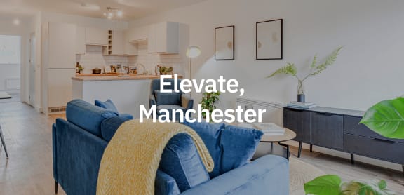 a living room with a blue couch and a table and the words elevate