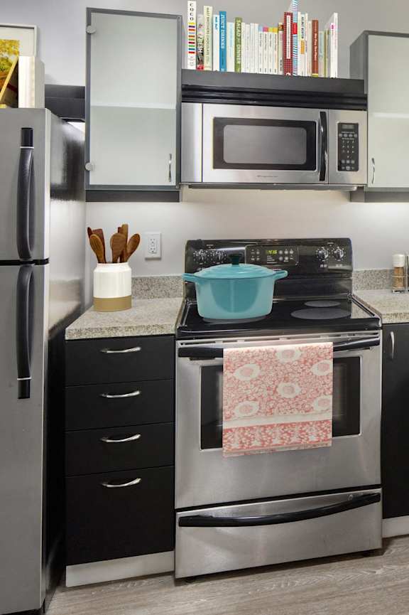 a kitchen with black cabinets and stainless steel appliances and a sink