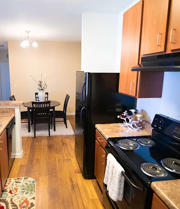 A kitchen with a black refrigerator and stove, a sink, and a dining table with chairs.