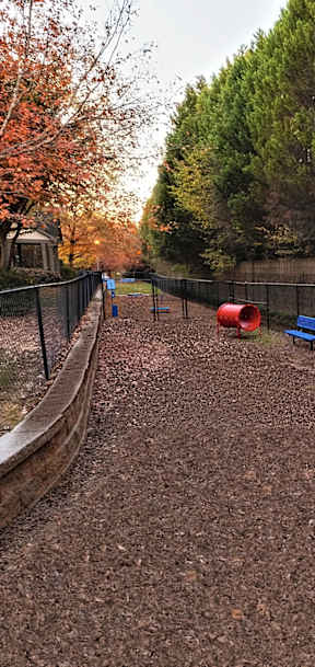 A playground with a red slide and blue and red swings.
