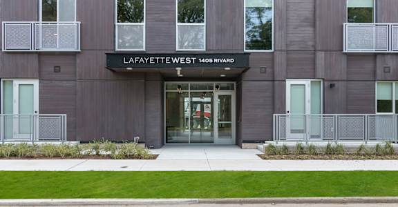Building entrance signage at Lafayette West Apartments, Detroit, MI, 48207