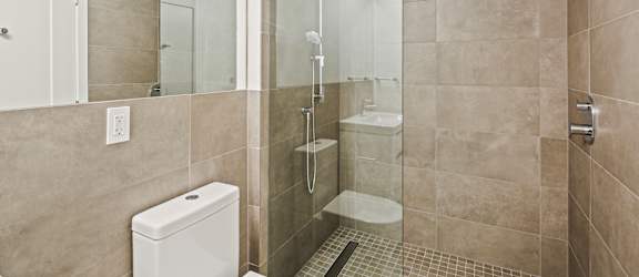 a bathroom with a shower and a toilet