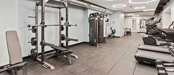 A well-equipped gym with various fitness machines and weights.
