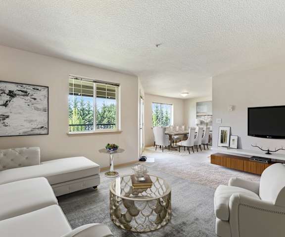 A living room with a white couch and a television.