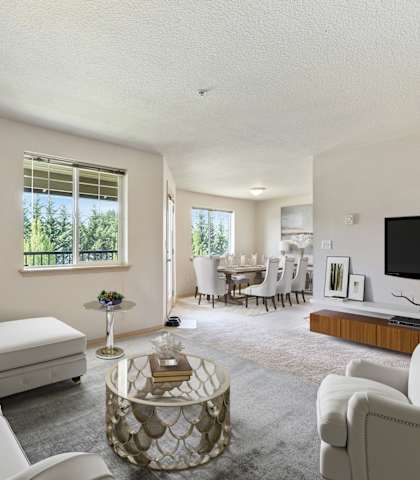 A living room with a white couch and a television.