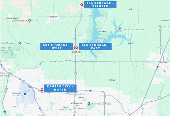 A map shows the location of 169 Storage's properties.
