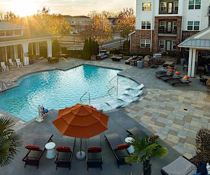 Aerial view of a swimming pool at Pointe at Prosperity Village Apartments, Charlotte, NC, 28269