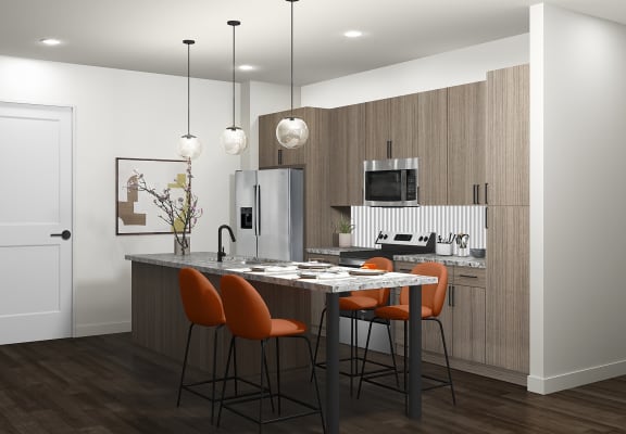 a rendering of a kitchen with an island and orange chairs
