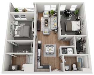 2D 2  Bed   2  Bath   986 Sq. Ft.  Floor Plan at Grand Flats, St. Louis, MO, 63104
