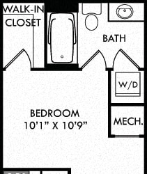 The Henley. Studio apartment. Kitchen with bartop open to living room. 1 full bathroom. Walk-in closet. 1st floor entry.