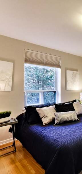 a bedroom with a bed and a potted plant