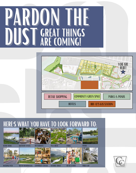 A poster advertising Pardon the Dust with a map and pictures of what to expect.