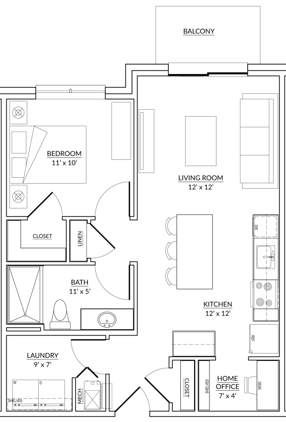 Wedgewood Style C - 1 bed, 1 bath apartment floor plan