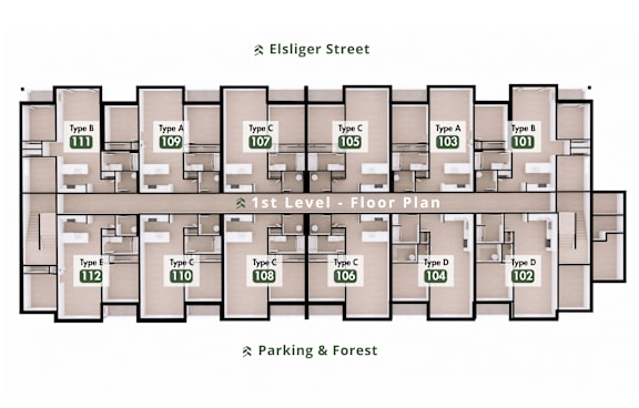 A floor plan of a building on Elsiger Street showing the layout of the first level.