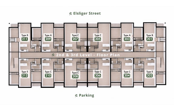 A diagram shows the floor plan of a building with labeled rooms and a parking area.