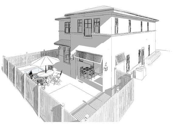 a sketch of a house with a patio