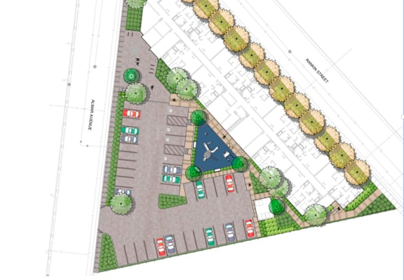 A map shows a parking lot with a green tree and a blue airplane.