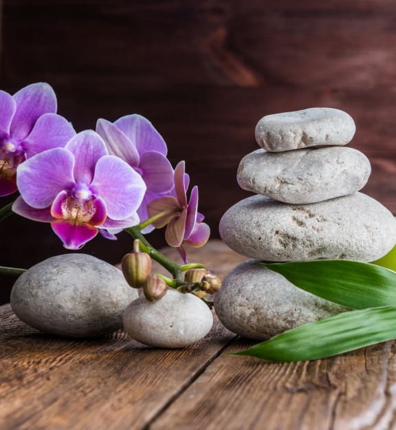 a stack of spa stones with purple orchid flowers and a candleat VALE Lake Wylie Apartments, Clover , 29710