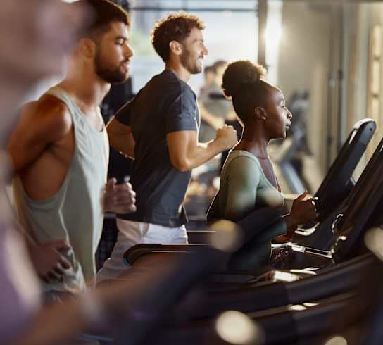 A group of people are exercising on treadmills in a gym.