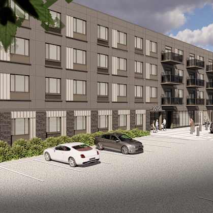 a rendering of an apartment building on a city street
