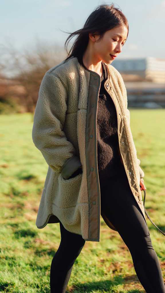 A woman walking her dog in a park.