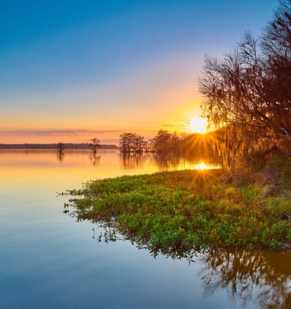 the sun sets over the water near the shore of a lake