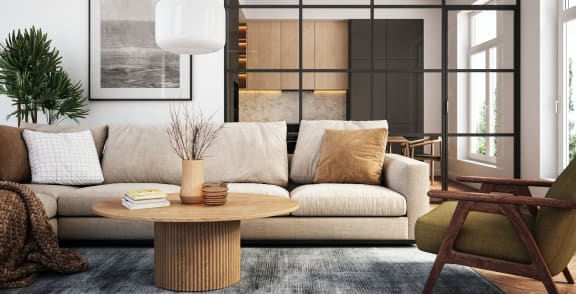 a living room with a couch and a table