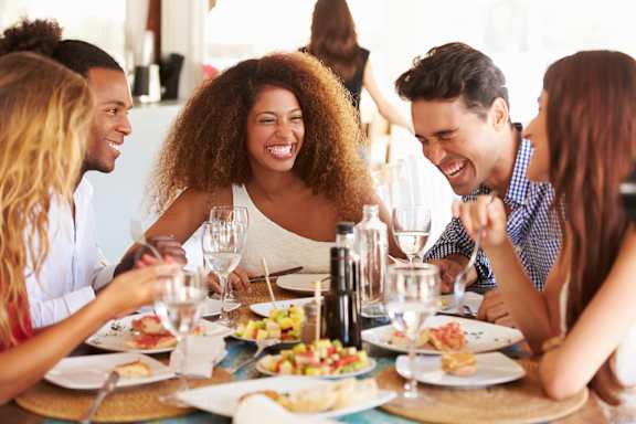 people making a toast at a dinner party royalty free