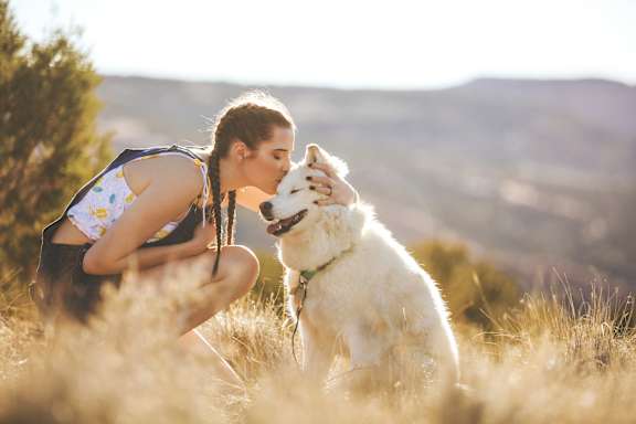 A woman is hugging a white dog in a field.